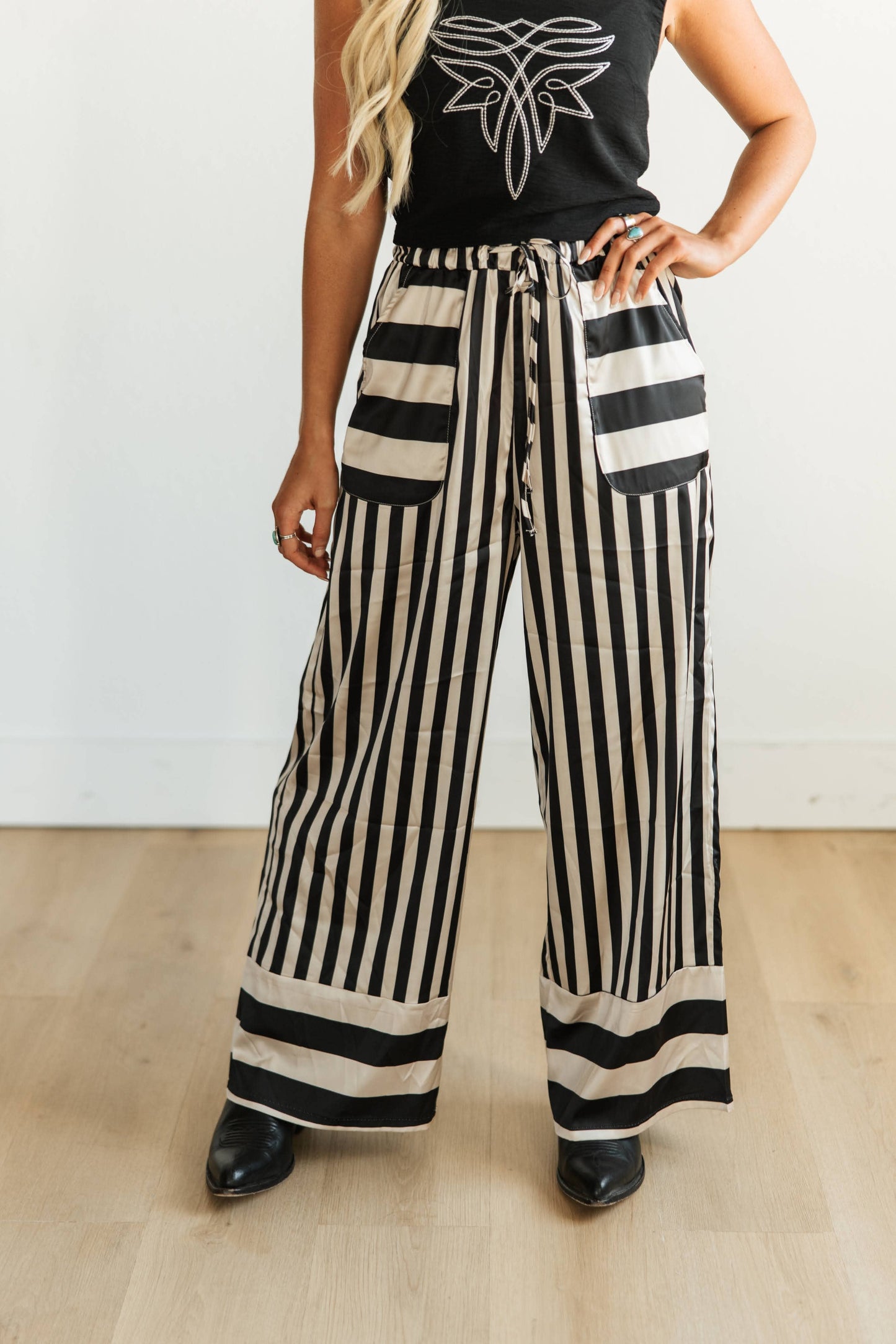 SATIN BLACK /TAN STRIPE PANT