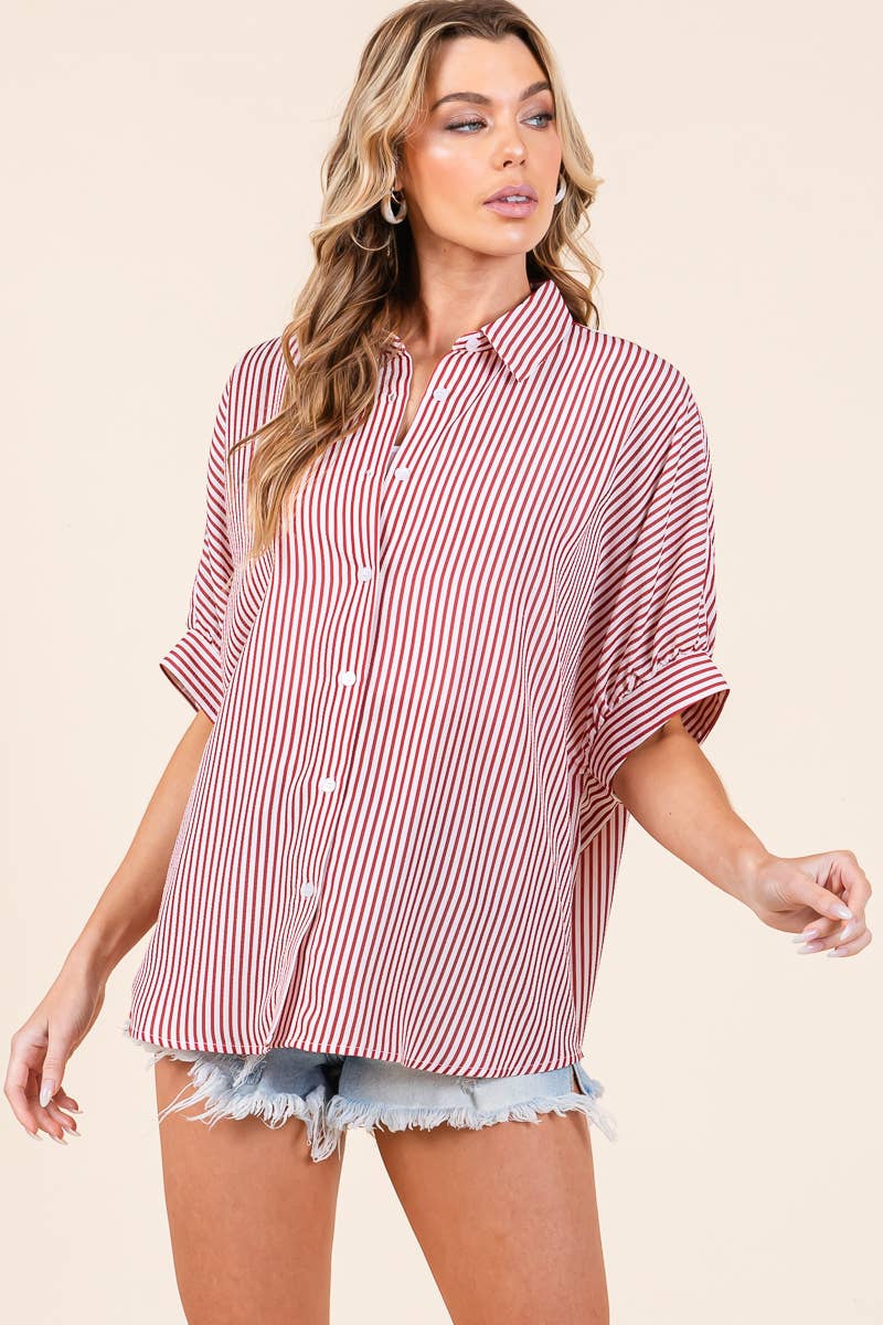 Oversized Short Sleeve Button Down Shirt: GREEN