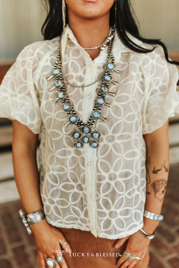 Ivory Puff Sleeve Button Down Floral Collared Top: L