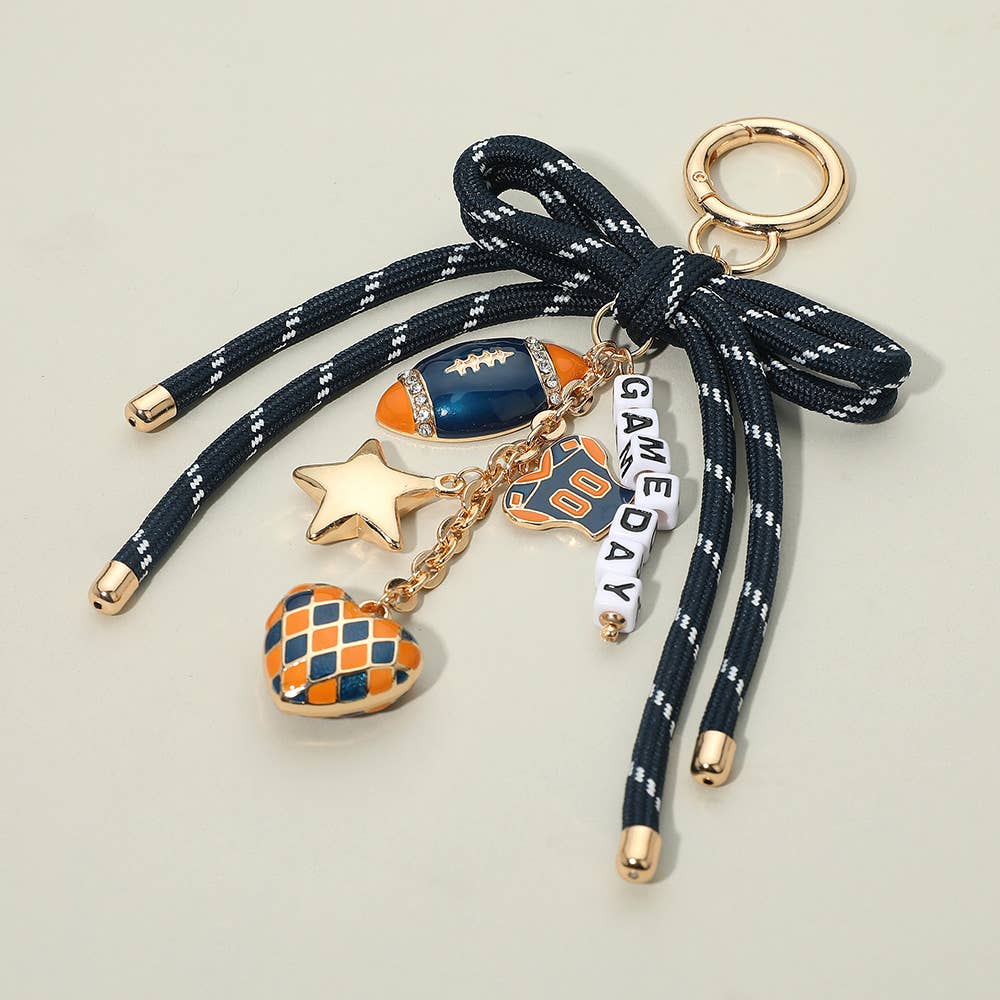 Football Themed Charm GAME DAY Message Beaded Rope Bow Accent Keychain / Bag Charm: Black Burgundy Gold