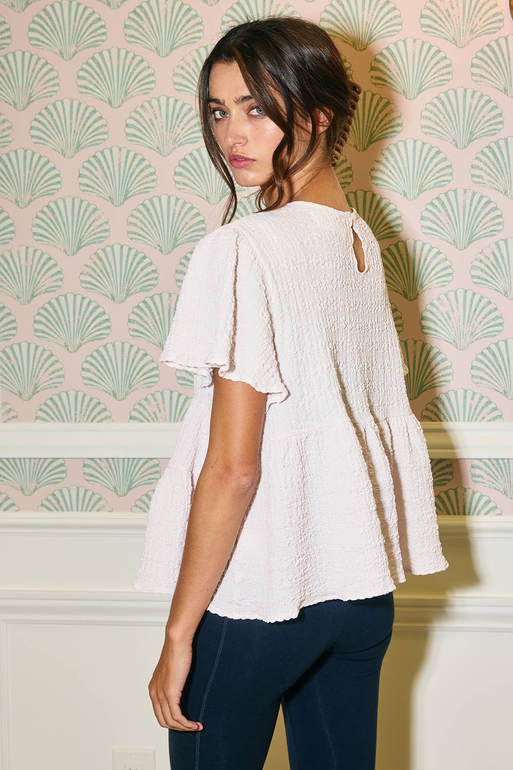 T2776 Ruffle Tiered Babydoll Textured Top: OLIVE / S-M-L (2-2-2)
