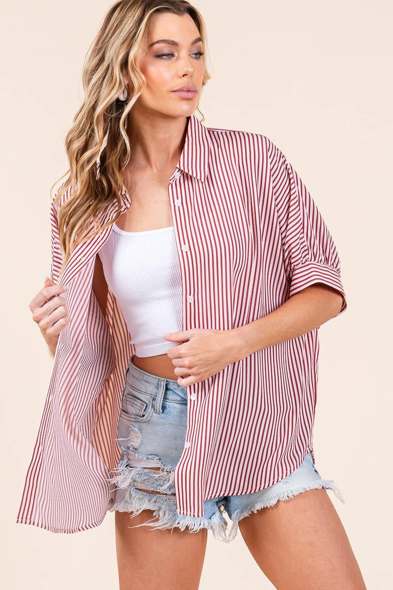 Oversized Short Sleeve Button Down Shirt: GREEN