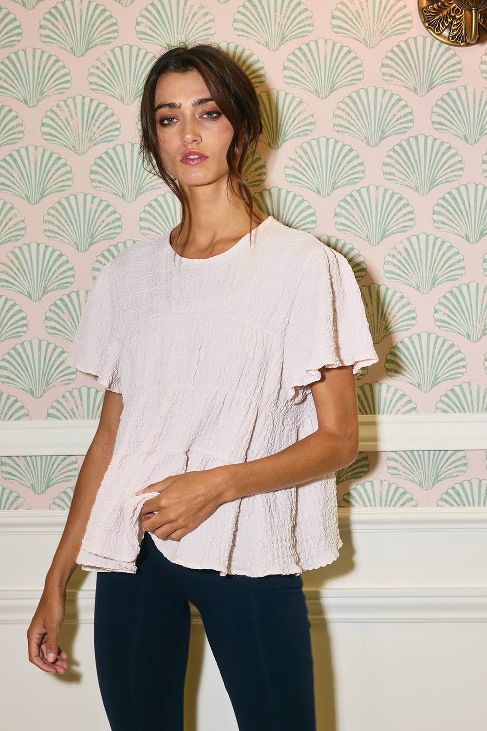 T2776 Ruffle Tiered Babydoll Textured Top: OLIVE / S-M-L (2-2-2)