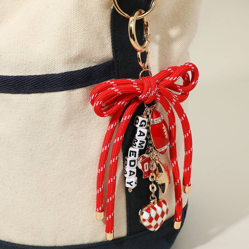 Football Themed Charm GAME DAY Message Beaded Rope Bow Accent Keychain / Bag Charm: Black Burgundy Gold