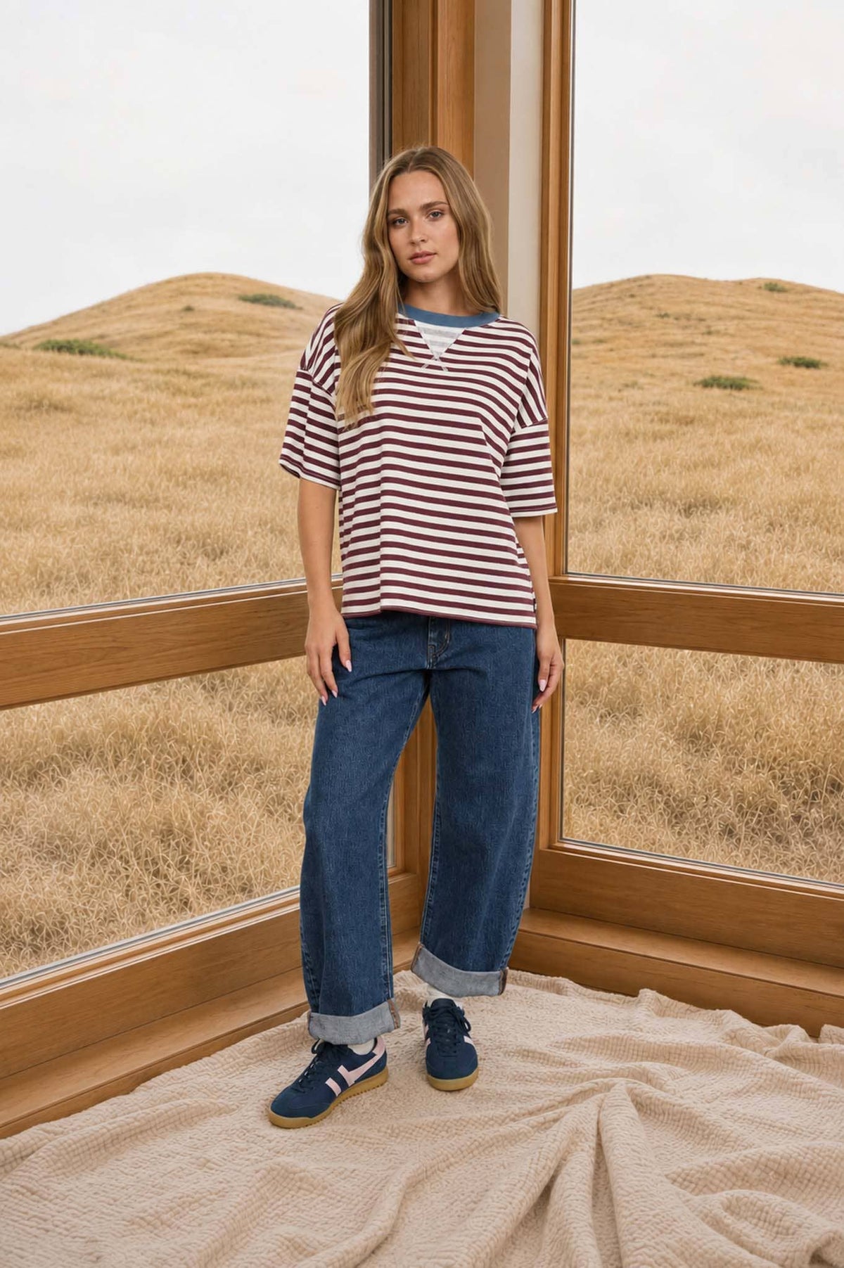STRIPE COLORBLOCK SHORT SLEEVE KNIT T-SHIRT : DARK BROWN MULTI